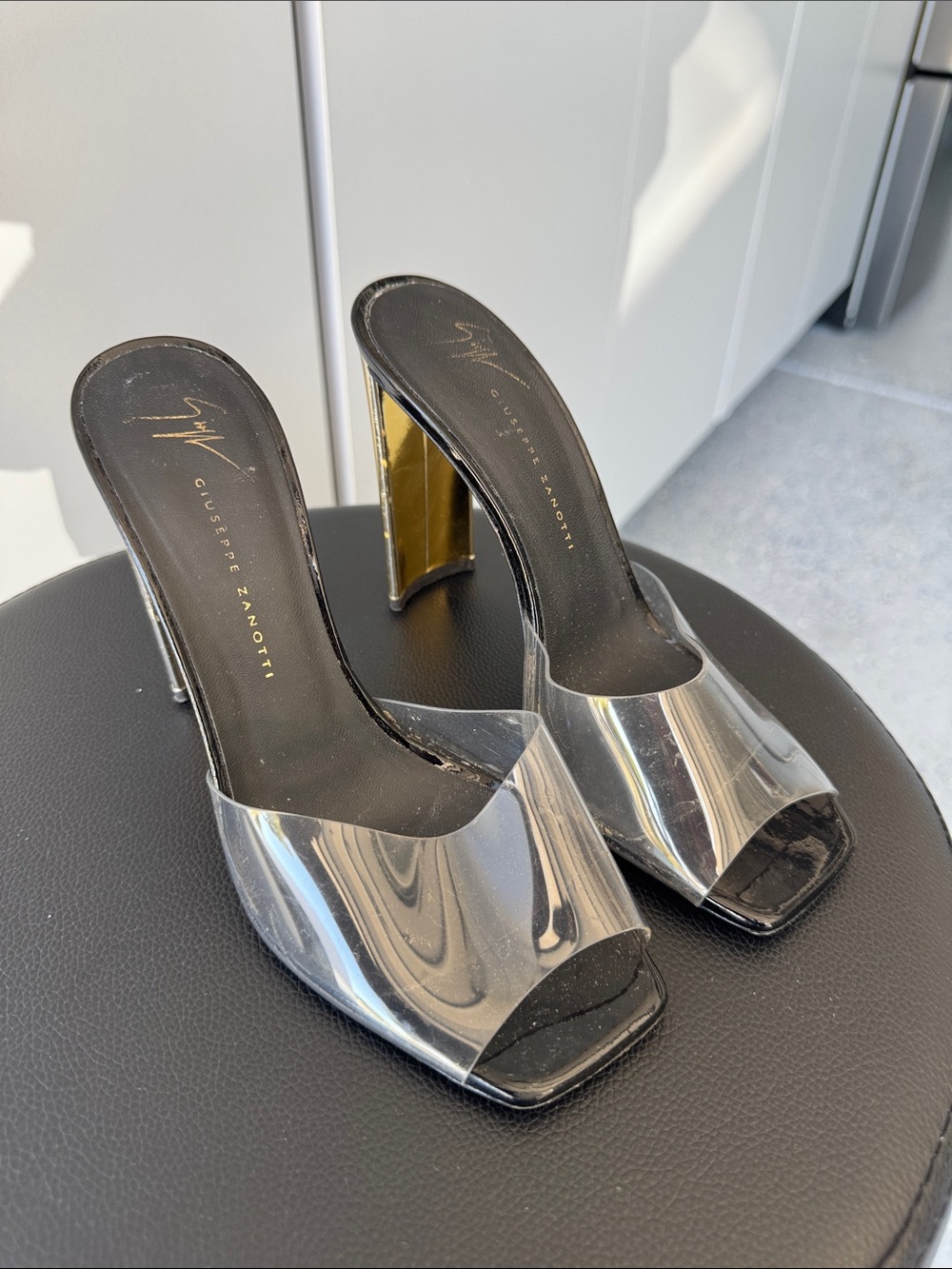 Giuseppe Zanotti Clear PVC Slide Mules with Gold Sculpted Heels